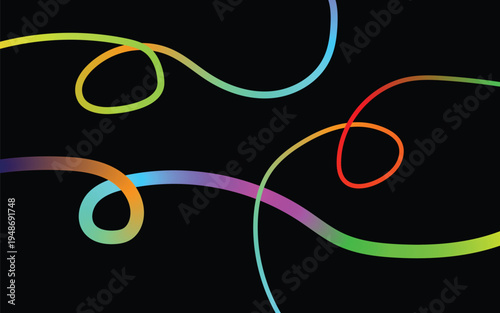 Abstract rainbow glowing lines on black background with flowing light trails