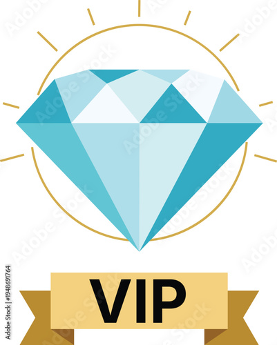 Vip diamond icon with gold lines and banner