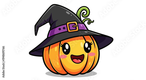 Smiling pumpkin in witch hat.