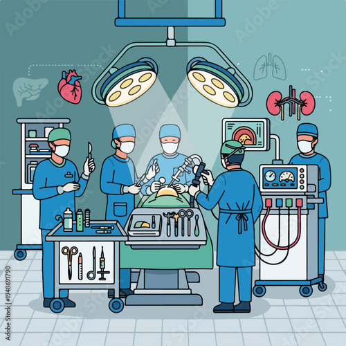 Illustration of a surgical procedure, with doctors and medical equipment