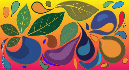 Colorful abstract of leaves and teardrop shapes on gradient background