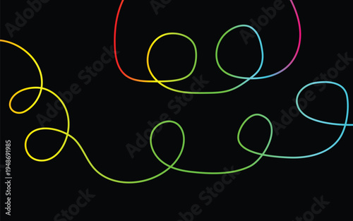 Abstract neon light trails with colorful rainbow loops on a black backdrop