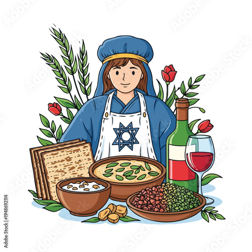 Illustration of a person with food and wine