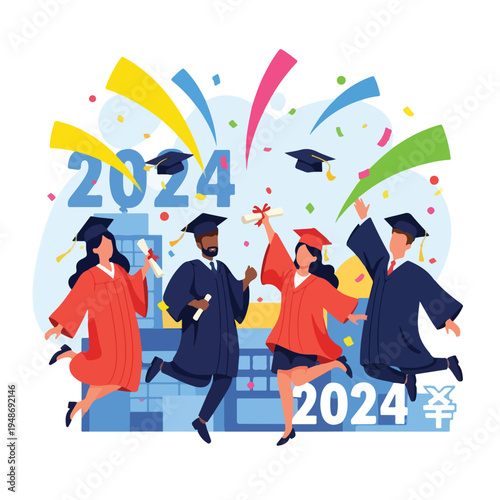 Illustration of graduates celebrating, surrounded by confetti and the year 2024