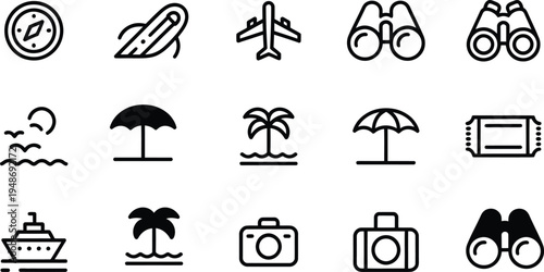 Travel and vacation line icons set with airplane camera palm tree and compass symbols