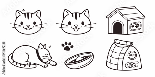a set of illustrations of a cat and its related items Vector