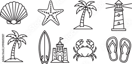 Assorted beach-themed icons featuring various seaside elements and activities Vector