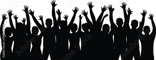 Crowd of people silhouettes with hands raised in the air celebrating at a concert, festival, or sports event, isolated vector.