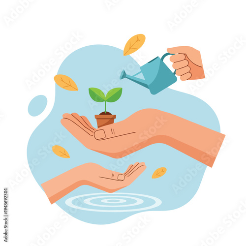 Illustration showing hands nurturing a plant with a watering can