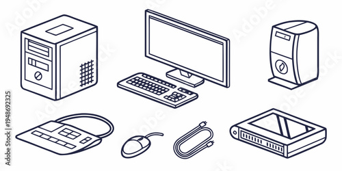 a collection of computer and office equipment Vector