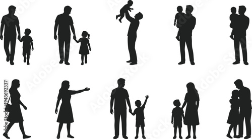 Diverse collection of parent and child silhouettes featuring fathers and mothers walking, holding hands, and playing with their children, isolated.