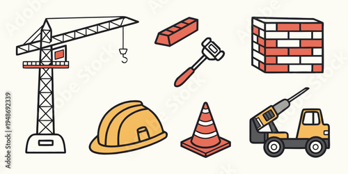 construction icons including crane and safety gear Vector