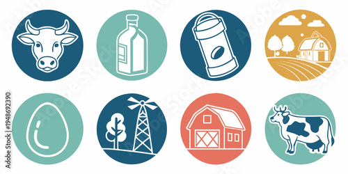 icons representing various aspects of agriculture and dairy farming Vector