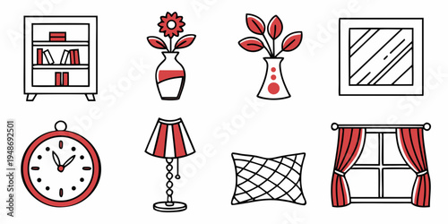 a collection of red and white home decor items Vector