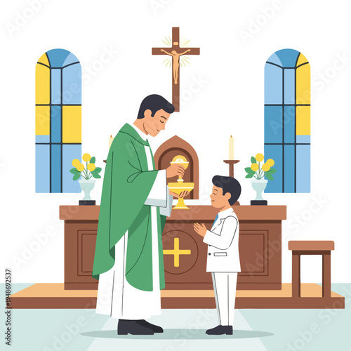 Priest giving a boy communion during a church service