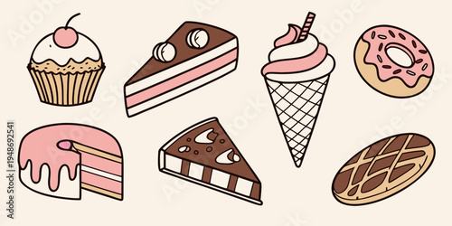a collection of sweet treats including cupcakes and donuts Vector