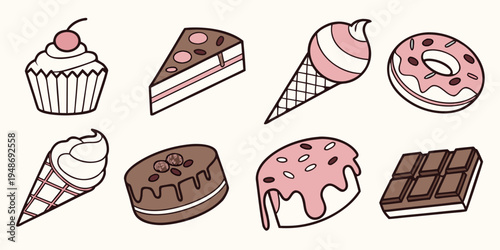 a collection of sweet treats including cupcakes and ice cream Vector