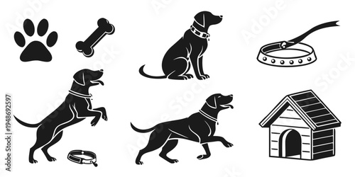 black dog icons with dog house and accessories Vector