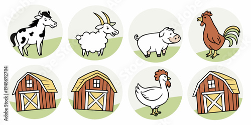 farm animals and buildings icons Vector