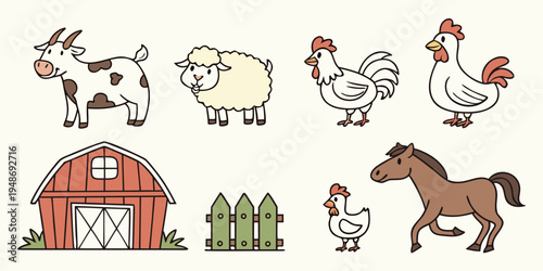 a collection of farm animals and a barn Vector