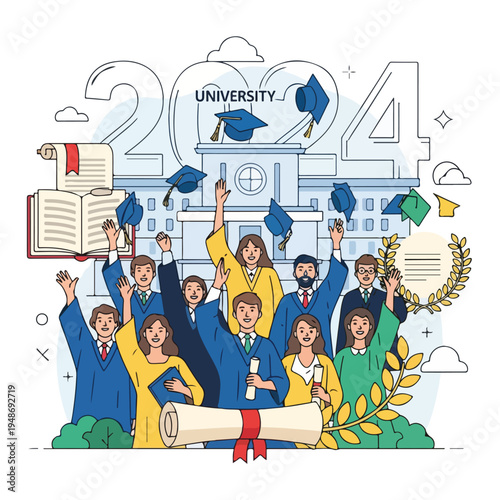 Illustration of graduates celebrating their achievement at a university