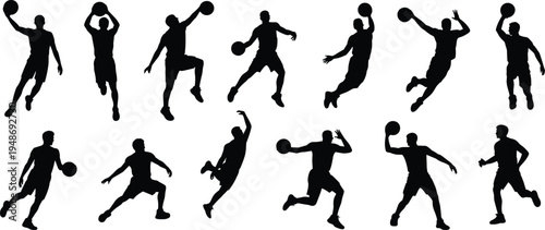 Large collection of basketball player silhouettes in various action poses like dunking, dribbling, and jumping, isolated on white background vector.