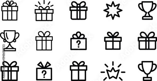 Gift box and reward line icons set with surprise presents trophies and crown symbols