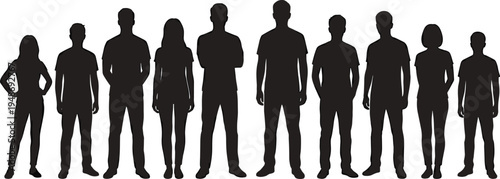 Large collection of diverse young people silhouettes standing in a row, featuring men and women in casual clothing, isolated vector.