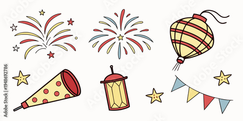 a collection of party objects and fireworks Vector