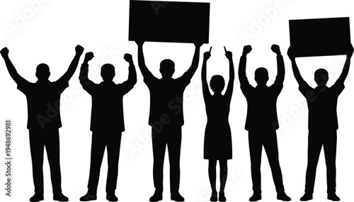 Silhouettes of people cheering and protesting with raised hands and blank signs, crowd celebrating success or demonstrating, isolated vector.