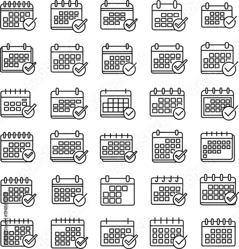 Set of 30 Minimalist Calendar and Schedule Line Icons with Checkmarks for Task Management, Planning, Appointment Scheduling, and Business Organization