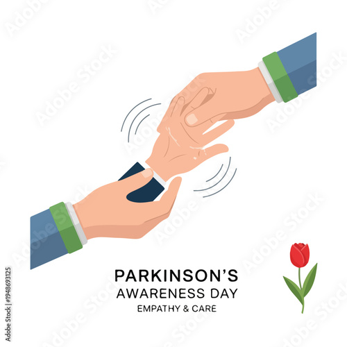 Illustration of shaking hands with text about Parkinson's awareness, plus tulip