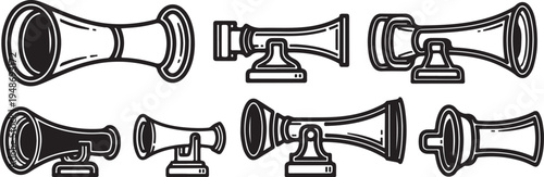 Collection of vintage megaphones and loudspeakers in black and white Vector