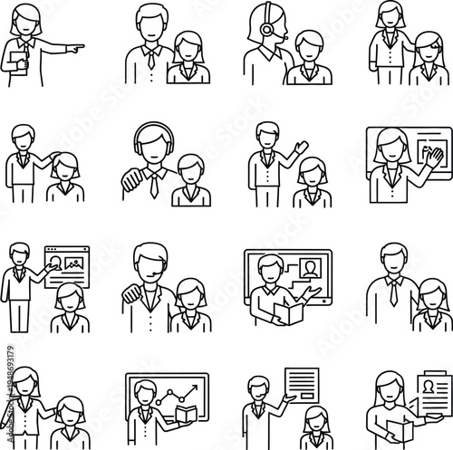 Business Mentoring and Professional Training Line Icon Set for Corporate Coaching, Presentation, and Teamwork Development