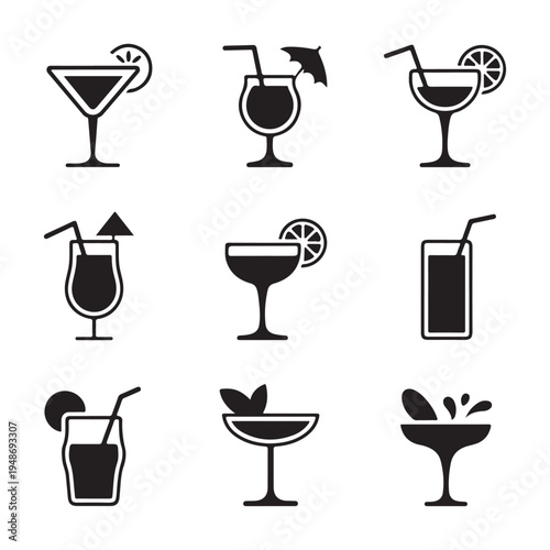 Cocktail Drink Glasses Vector Icon Set