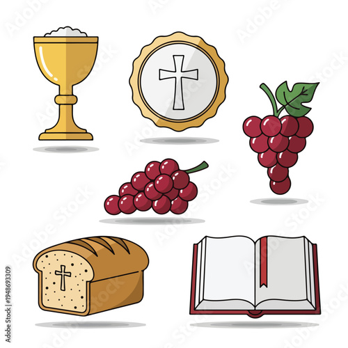 Religious icons, includes bread, grapes, a chalice, a book, and a wafer