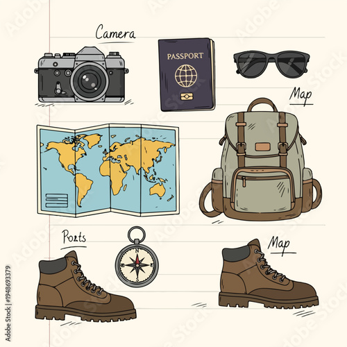 Illustration of travel essentials with drawn camera, map, and passport