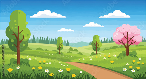 Pixelated illustration of a sunny landscape with trees and path