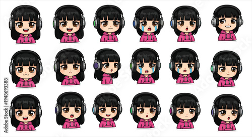 Cute Gamer Girl Character Emote Sticker Set, Cartoon Gaming Avatar Emoji Pack, Streaming Reaction Icons for Twitch Discord Vector