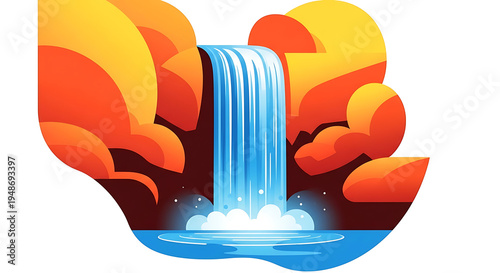 Colorful of waterfall flowing into pool surrounded by orange and yellow rocks