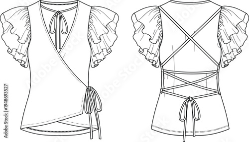 Technical fashion illustration of women’s blouse with puff sleeves, wrap-style bodice, tie closure, and crisscross lace-up back, symbolizing garment design, apparel, and creative artwork projects