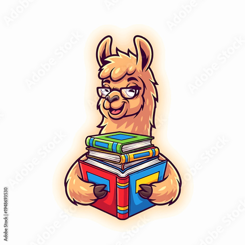 Llama with Glasses Reading Stack of Colorful Books