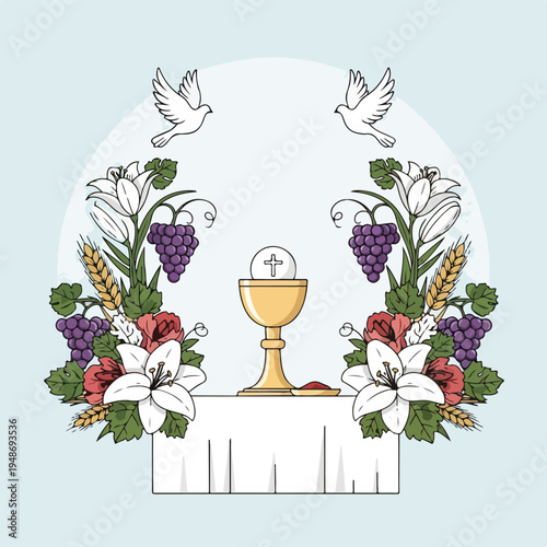 Religious illustration of chalice, host, flowers, doves and table