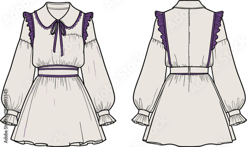 Technical fashion illustration of women’s dress with Peter Pan collar, puffed sleeves, gathered cuffs, decorative ruffles, ribbon neckline, waistband, and flared skirt design for garment construction