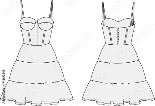 Technical fashion illustration of women’s dress with fitted bodice, structured cups, vertical seams, thin straps, and tiered skirt, showcasing garment construction and design artwork projects