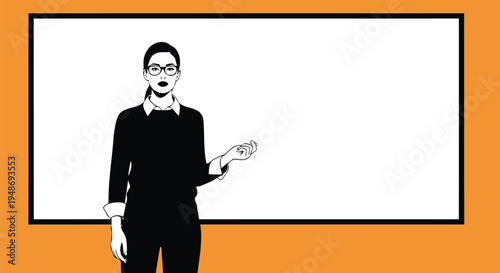 Black and white female presenter standing by an empty board.