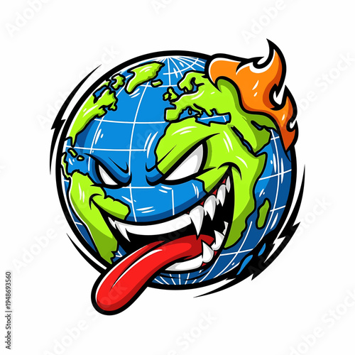 Cartoon Earth Globe with Angry Face and Flames