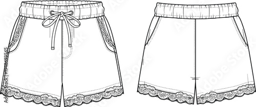 Technical fashion illustration of women’s shorts with elastic waistband, drawstring tie, lace trim hem, and side pockets, showcasing garment construction, apparel design, and decorative detailing.