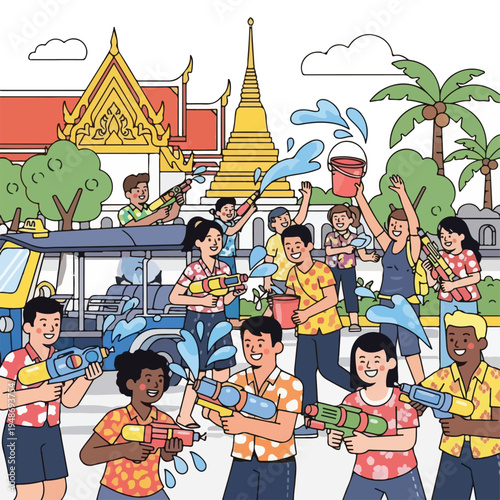 Illustration of a joyous group celebrating with water guns and splashes