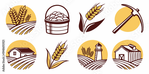 agricultural icons set including wheat and farm tools Vector